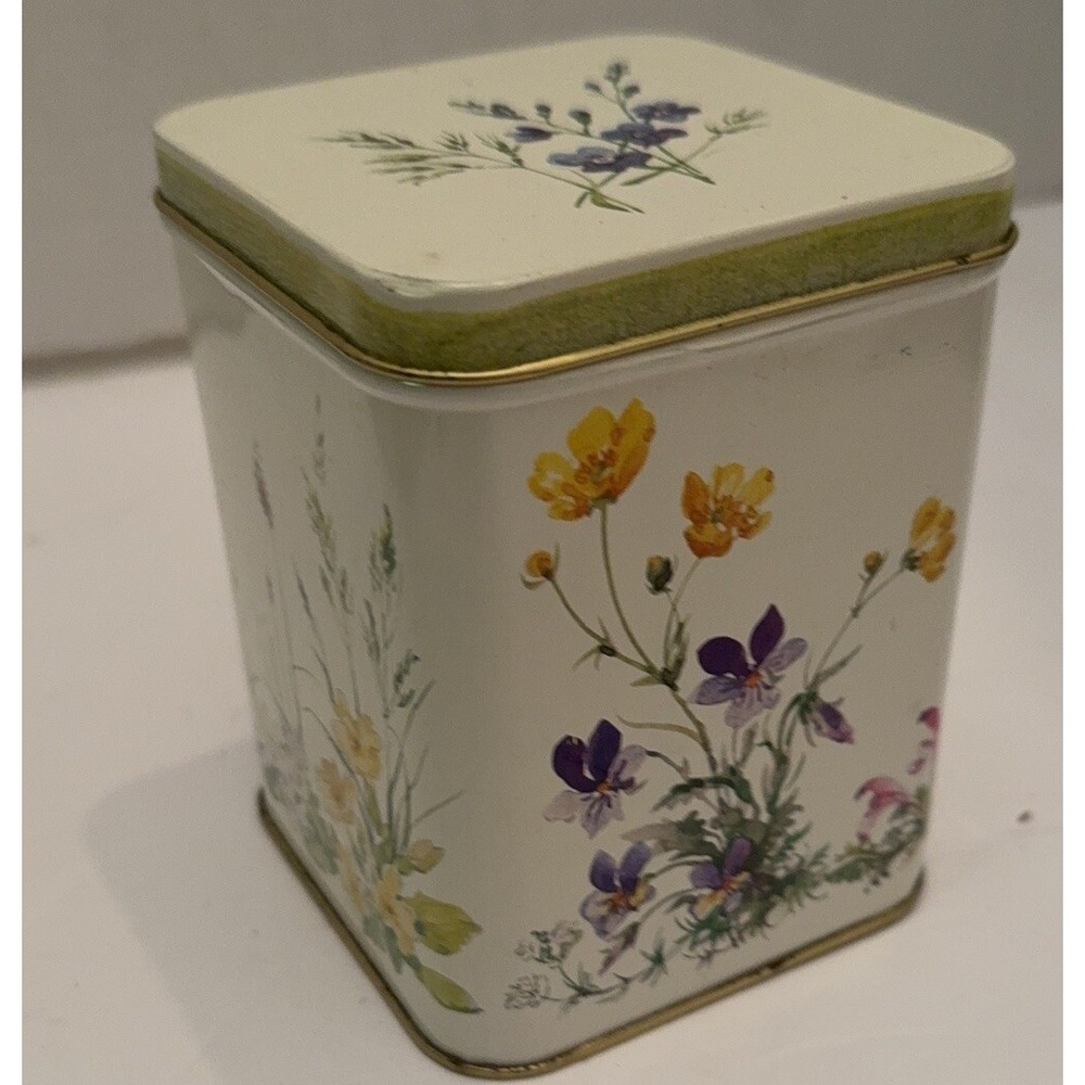 Vtg Floral Tin England Attached Lid 4.5" Tall & Vtg Unopened German Fruit Tea